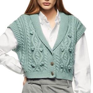 ZARA CABLE KNIT VEST SWEATER RHINESTONE BUTTON SAGE GREEN